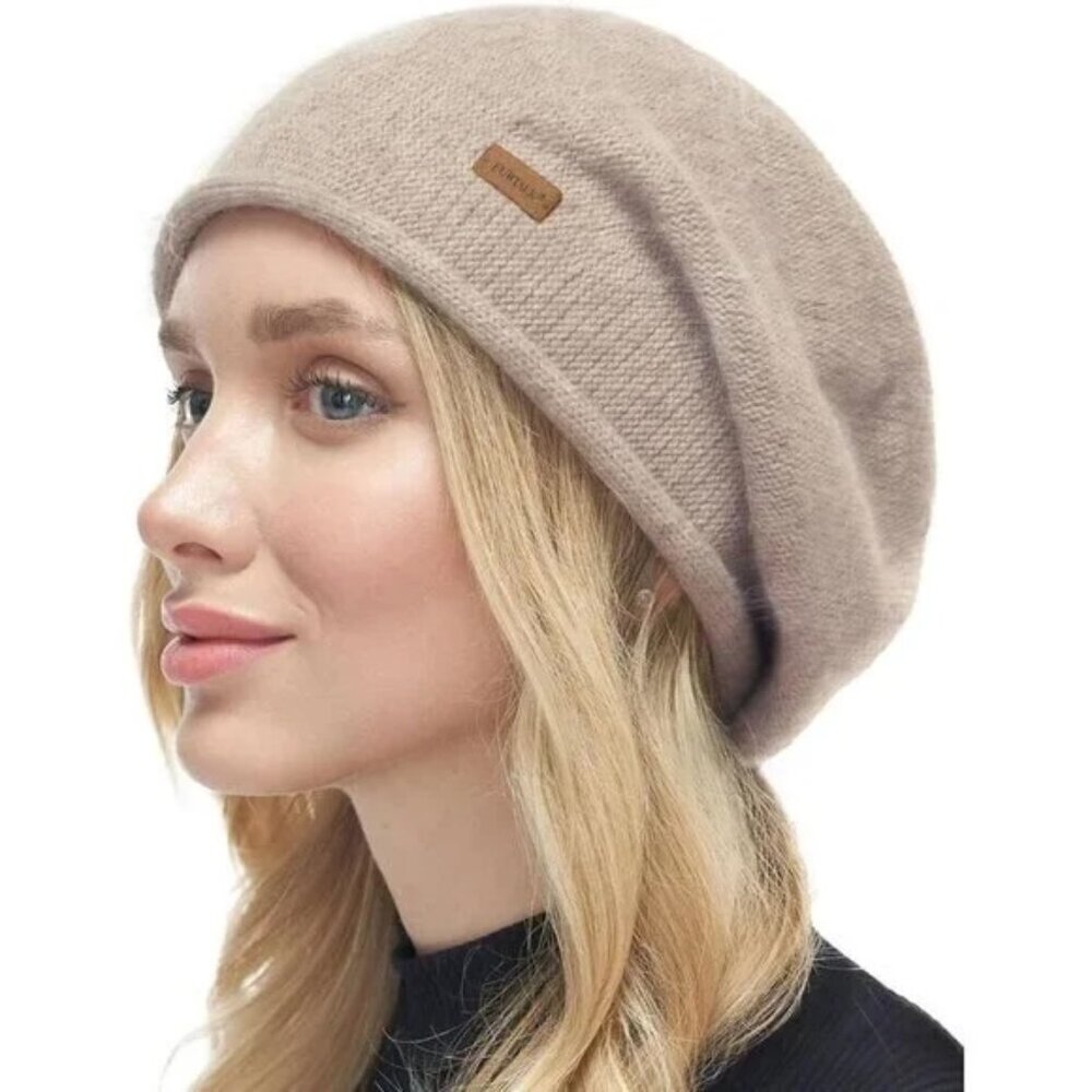 Furtalk Tan Knit Wool Cashmere Blend Slouchy Beanie
